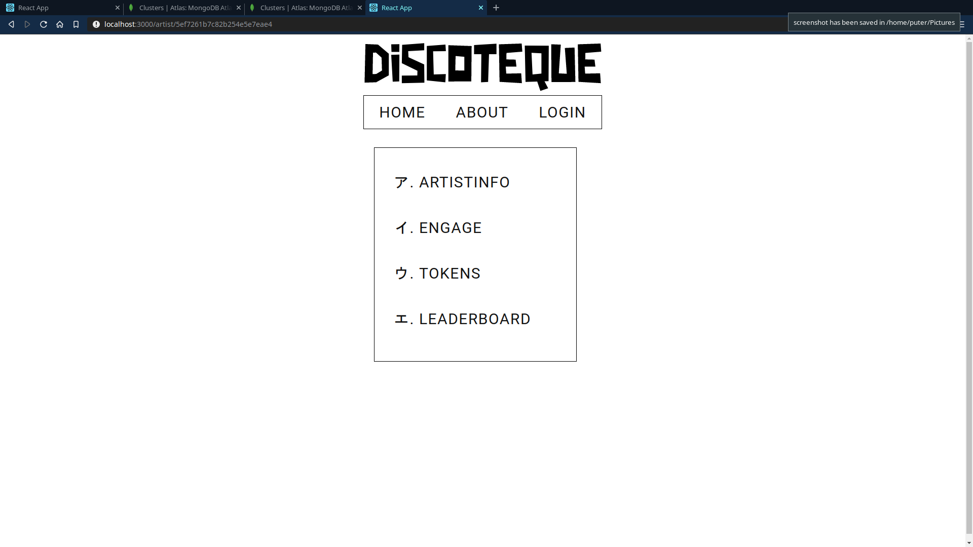 Discoteque web app — artist menu with ArtistInfo, Engage, Tokens, Leaderboard