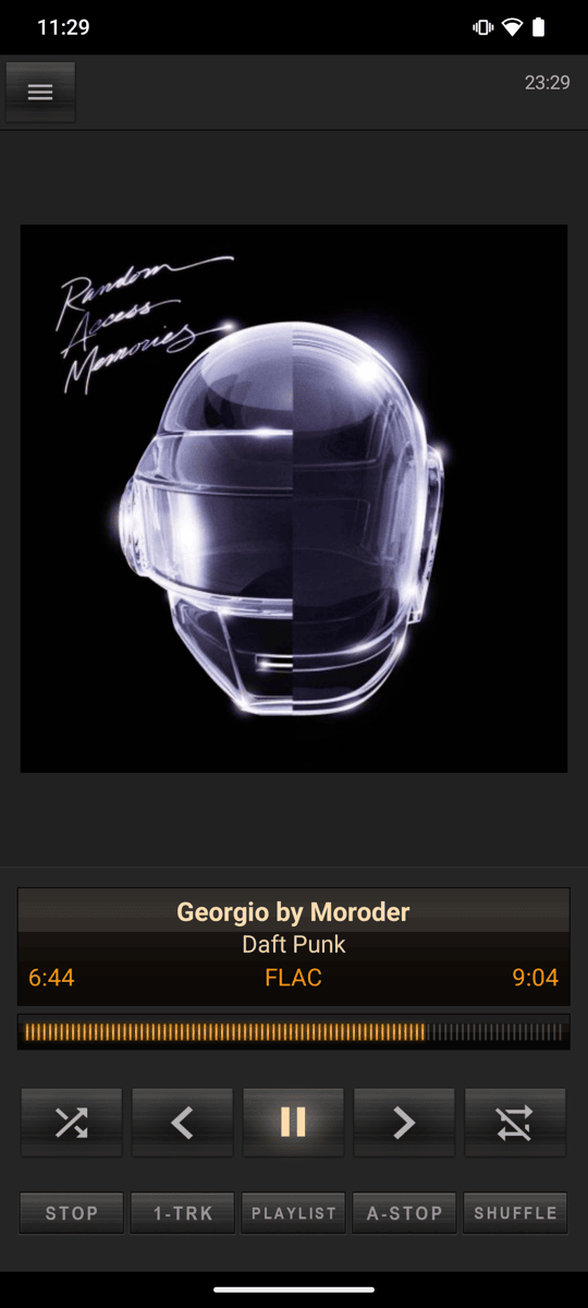 foobar2000 mobile running the Amber Console theme — amber LCD readout and transport keys