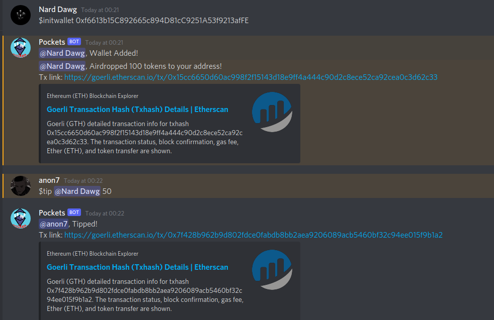 Pockets Discord bot replying to $tip commands with Goerli transaction links